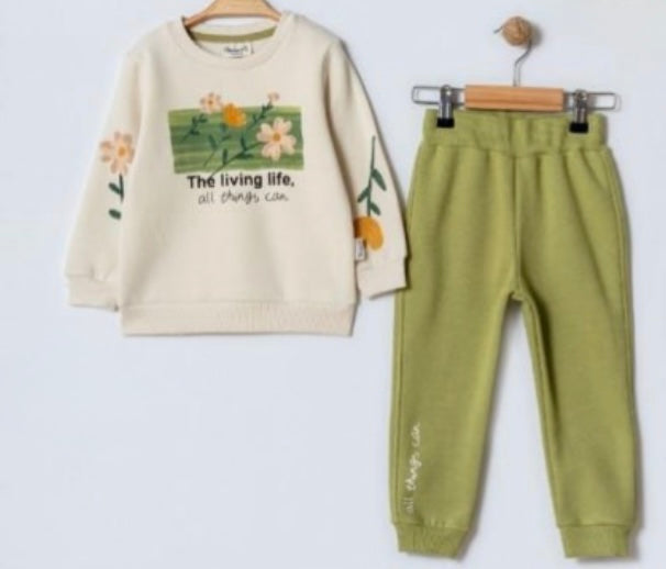 Miniworld طقم طفلة باللون الاخضر برسمة أزهار من