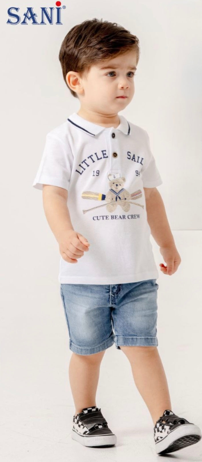 طقم رضيع مكون من قطعتين قميص ابيض وشورت جينز من sani