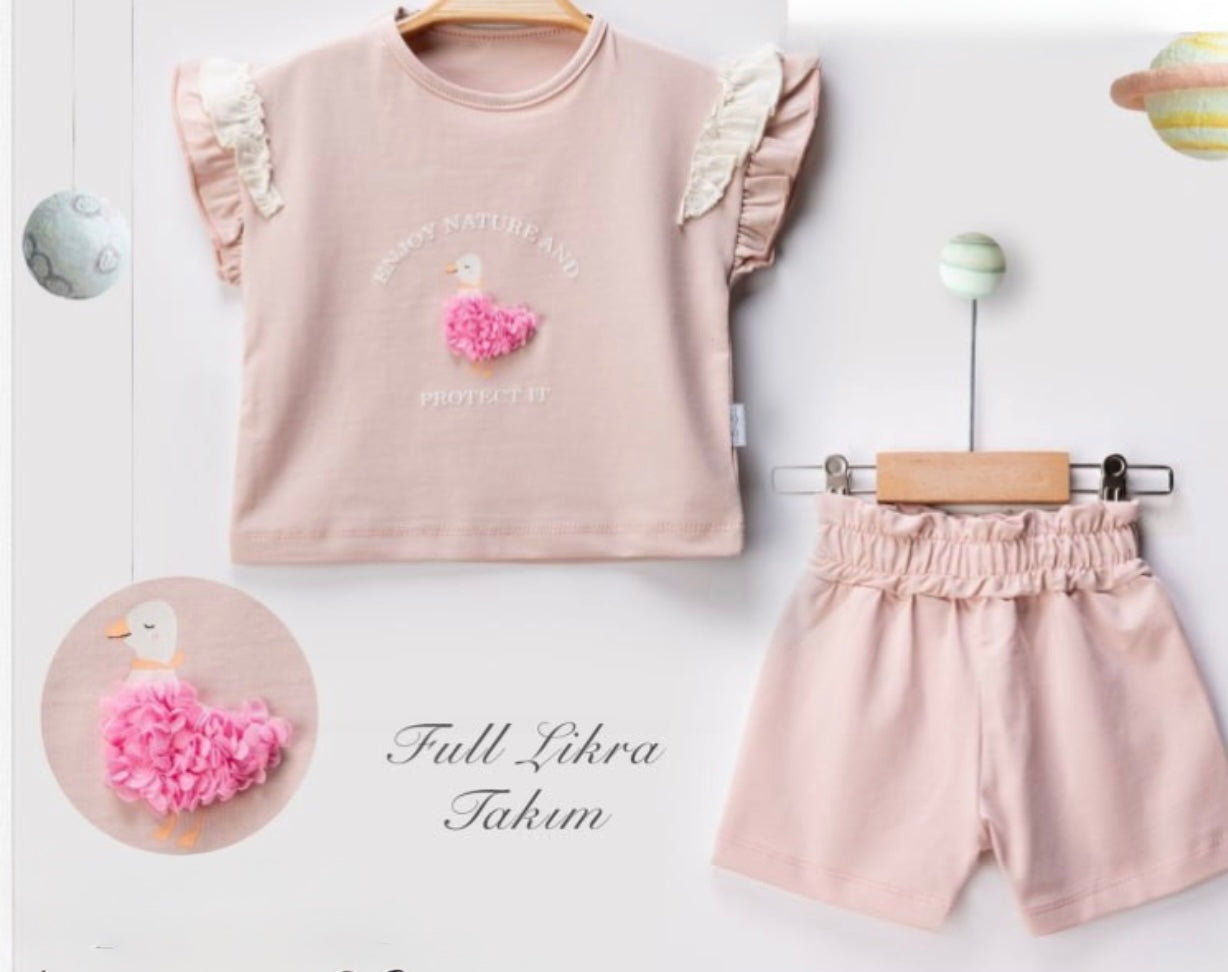 طقم طفلة برسمة بطة باللون الوردي من Flamindo