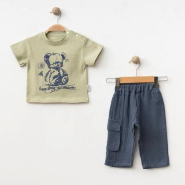 Moeboon طقم برسمة دب باللون الأزرق والاخضر من