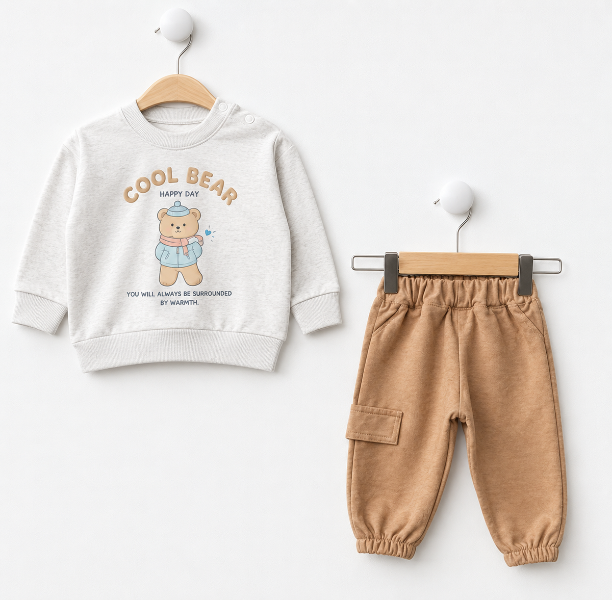 طقم ولادي قطعتين سويتر دب وبنطلون باللون الابيض والبني من moeboon