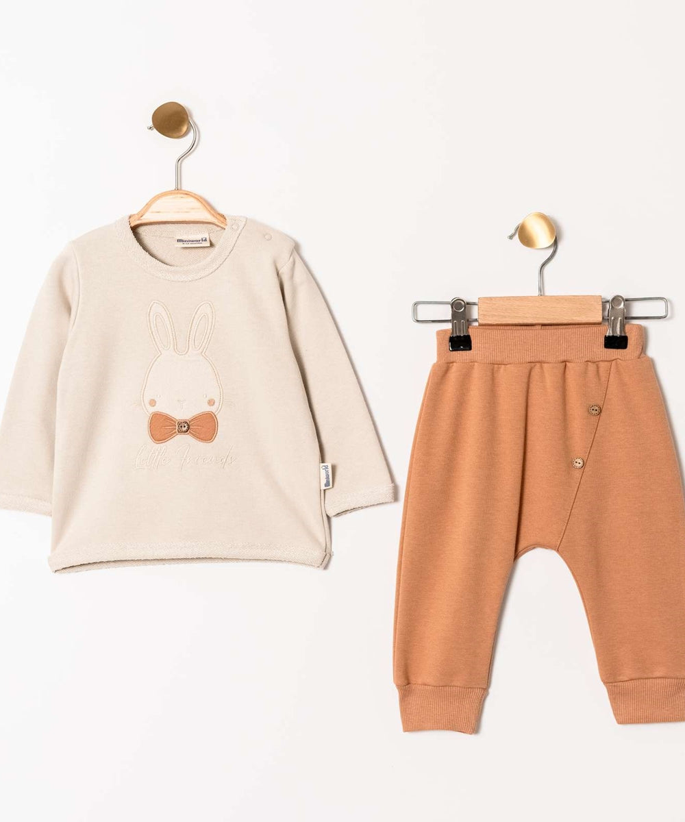 Miniworld طقم طفلة باللون البيج والبرتقالي برسمة ارنب من