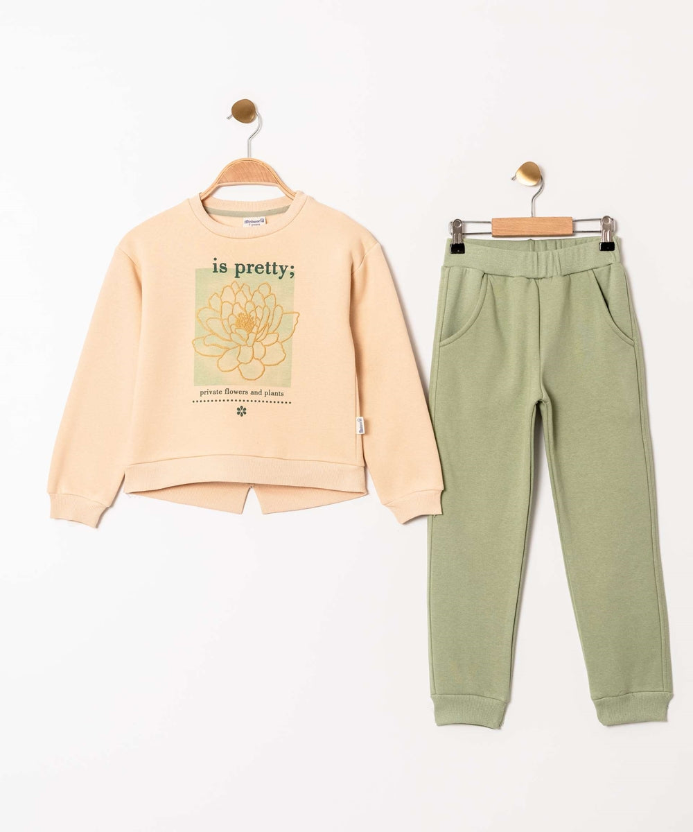 Miniworld طقم فتاة باللون الاخضر برسمة وردة من