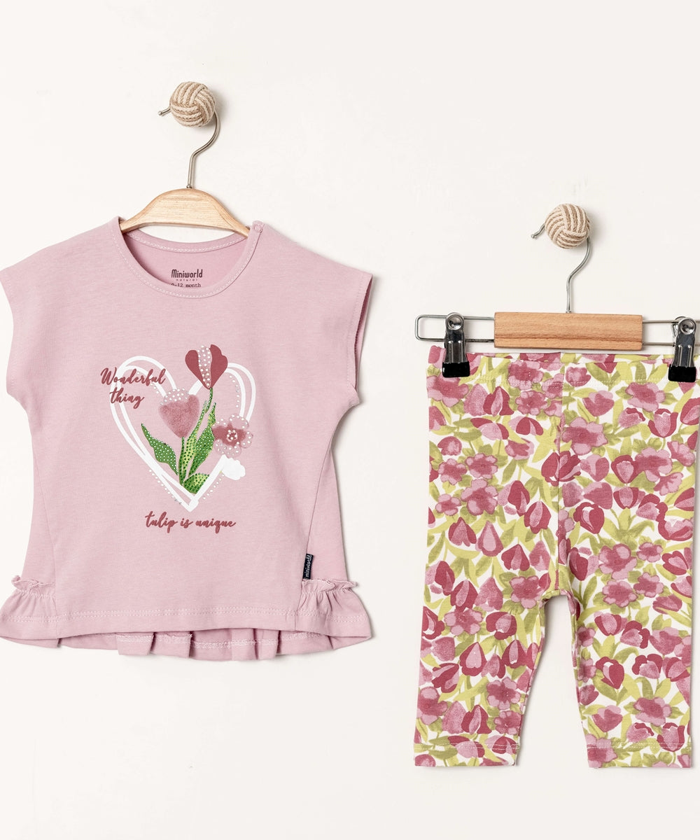 Miniworld طقم طفلة برسمة ورود باللون بنفسجي من