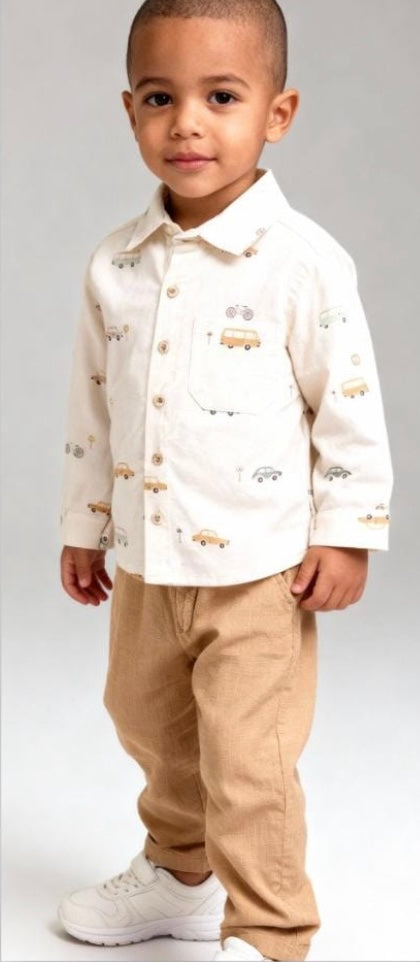 TUFFY  طقم ولد مكون من قطعتين باللون الأبيض و البيج برسمة سيارات من