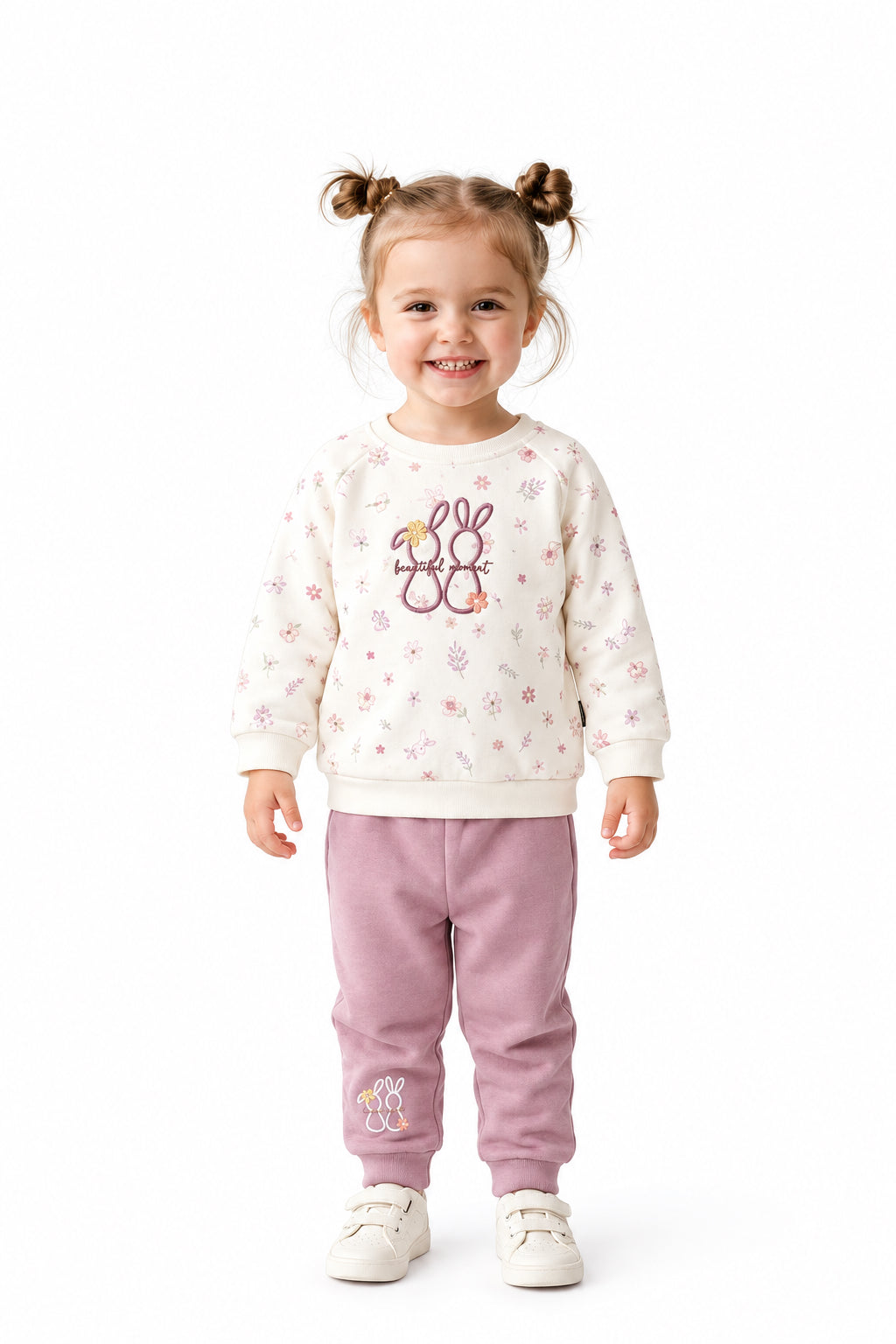 طقم بناتي قطعتين سويت شيرت بيج برسمة أرنبين وبنطلون وردي من miniworld